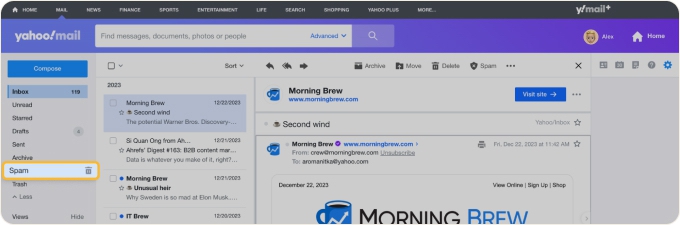 Open Yahoo Mail sidebar and locate Spam folder